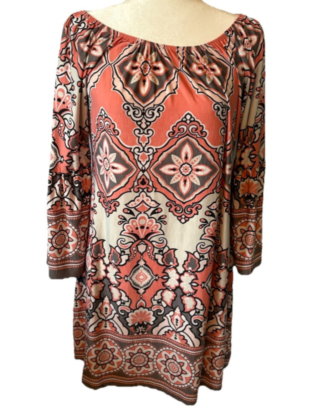 Honeyme Medallion Print Boho Dress M Coral Pink Gray Bell Sleeve Mini Made in LA
